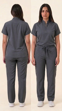 Women's Zip-Front Mandarin Collar Wrinkle Resistant Scrub Set -  Premium Micro Stretch Breathable Fabric
